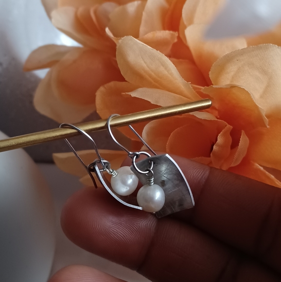 Geometric Earrings with Dangling Pearl - Picture 7 of 14